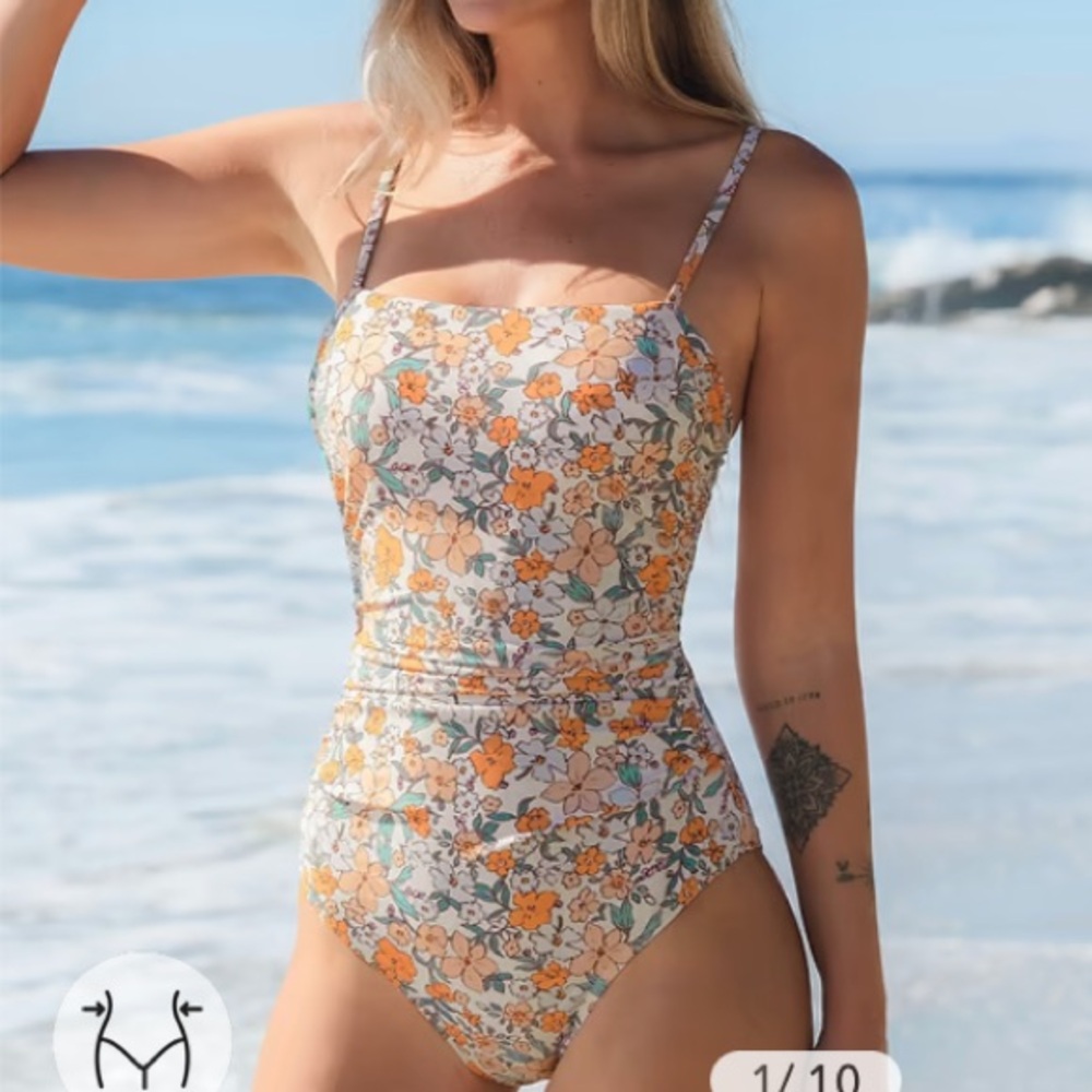Cupshe Floral One Piece Swimsuit - Orange, White, and Green